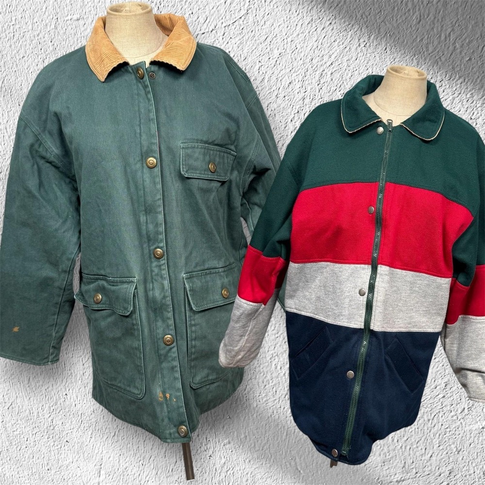Reversible Barn Coat Green Canvas Corduroy Colorblock Utility Jacket Women S 90s